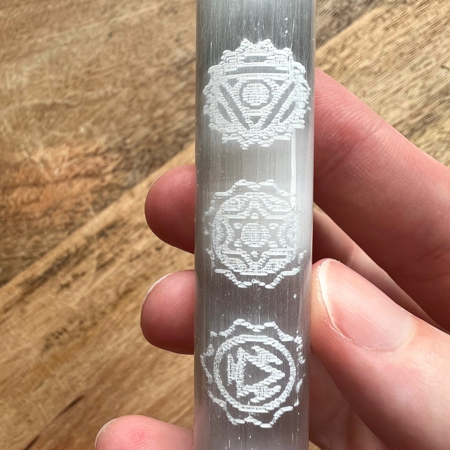 Chakra Engraved Satin Spar Selenite Wand