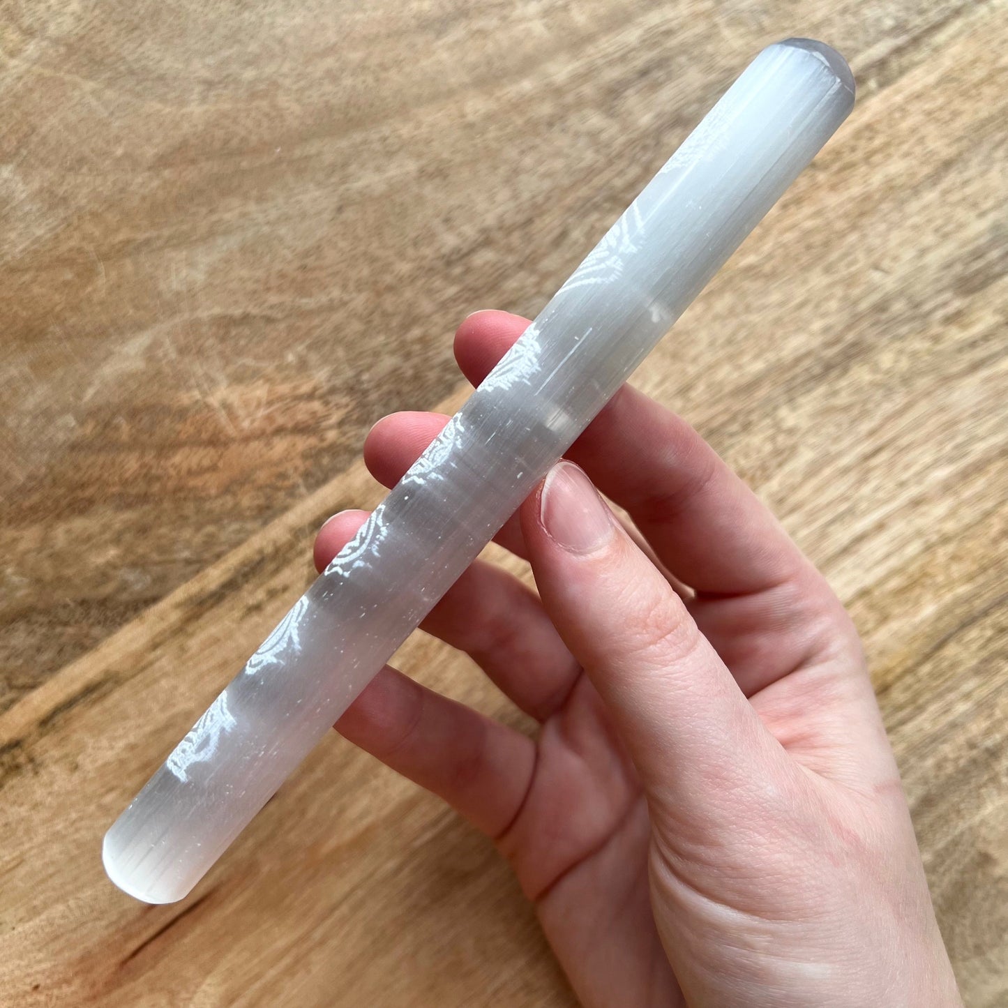 Chakra Engraved Satin Spar Selenite Wand