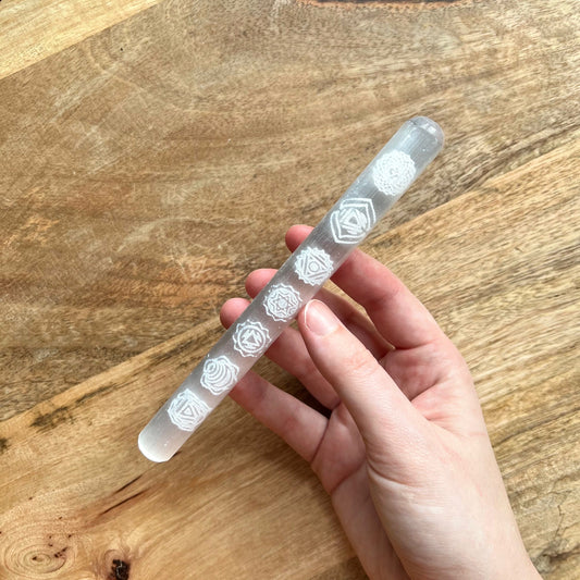 Chakra Engraved Satin Spar Selenite Wand
