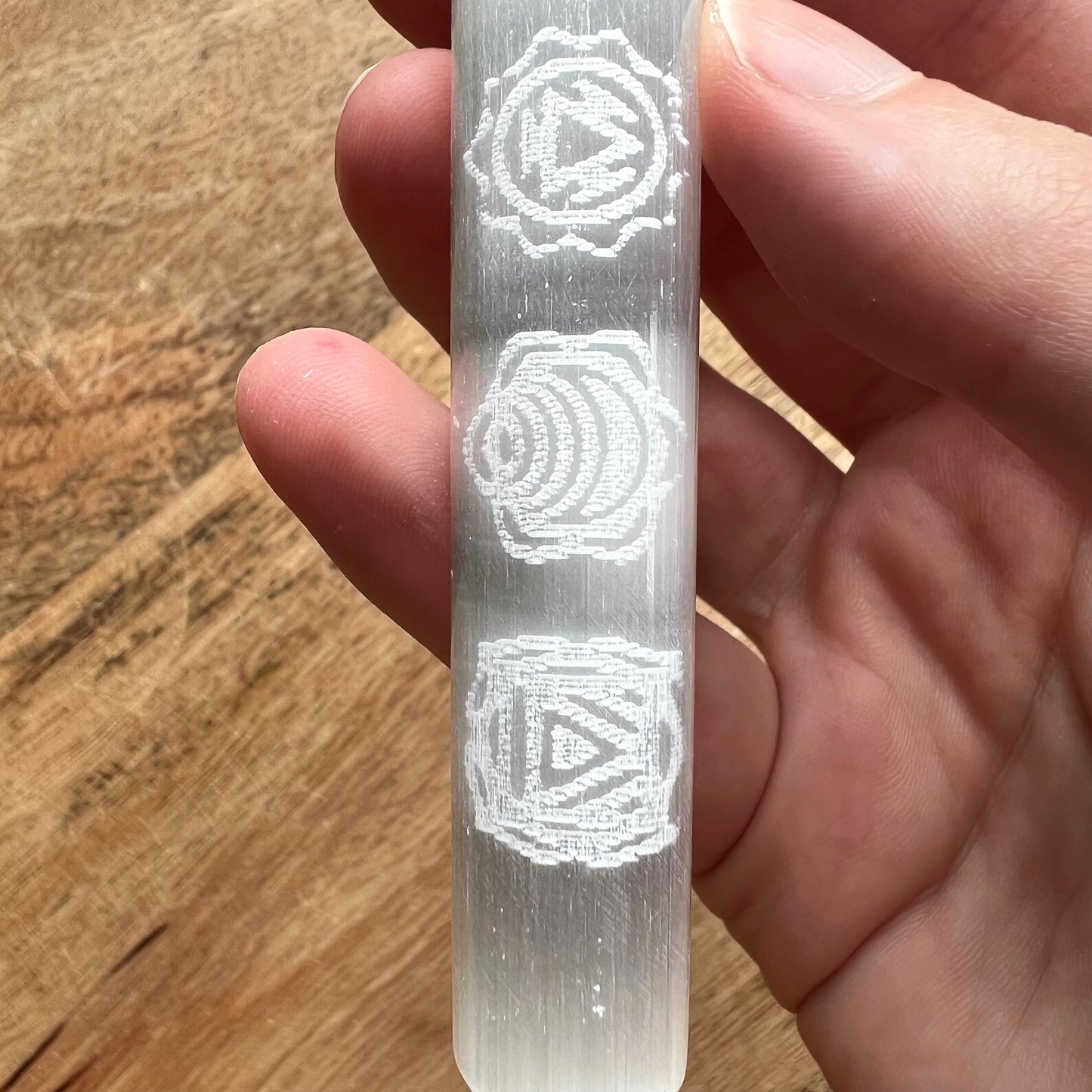 Chakra Engraved Satin Spar Selenite Wand